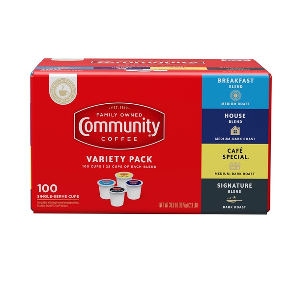Community Coffee Variety Pack Medium to Dark Roast Single Serve K-Cup Coffee Pods, Box of 100 Pods