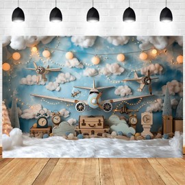 8x6ft Airplane Birthday Backdrop Adventure Theme Boy Birthday Party Photography Background Wooden Toy Airplane Travel Suitcase Banner Decorations Baby Shower Party Photo Booth Props