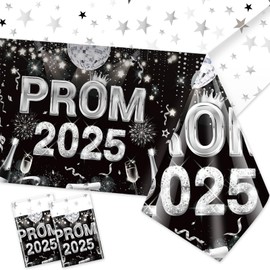 HOWAF 2 Prom Decorations 2025 Silver Black Table Cloth, Prom 2025 Tablecloth Plastic Prom Night Table Cloths Waterproof PVC Rectangle Table Cover for Graduation Decorations 2025 Table Decorations