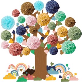 Pajean 84 Pcs Classroom Tree Bulletin Board Set Groovy Hippie Cutouts 3D Paper Pom Poms Motivational Educational Welcome Class Decor for Elementary Preschool Back to School Wall Decor Supplies