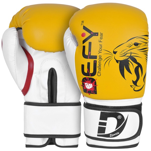 DEFY Boxing Gloves for Men & Women Training MMA Muay Thai Premium Quality Gloves for Punching Heavy Bags, Sparring, Kickboxing, Fighting Gloves Tiger Model (Yellow, 14 oz)