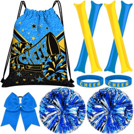 CEMOTY Cheer Drawstring Backpack Set Including Cheer Drawstring Bags, Pom Poms Cheerleading, Cheer Hair Bows, Silicone Cheerleading Wristbands,Thunder Sticks-Blue Yellow Cheer Gifts Bulk
