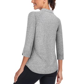 Cucuchy Style Golf Shirts Women,3/4 Sleeve Tennis Clothes for Ladies 1/4 Zip Up Pullover V Neck Polo Workout Shirts Quick Dry Stretchy Tennis Running Activewear Solid Grey L