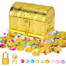 Treasure Chest Children's Birthday Gold Treasure Chest Children's Birthday with Lock and Key, 50 Gold Coins Children and 100 Gemstones for Children, Goldtaler Pirate Treasure for Storage and