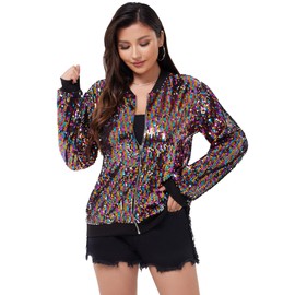 WULFUL Women's Sequin Jackets Sparkly Glitter Long Sleeve Front Zip Bomber Blazers Party Costume Multicolor