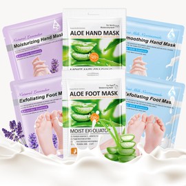 3 Paar Fußmaske Fußpflege, 3 Paar Handmaske Handpflege, Fußpeeling Maske, Feuchtigkeitsspendende Hornhaut Socken, Hand Mask für Frauen Effektive Handpflege Fußpflege, Lavendel, Ziegenmilch und Aloe(C)