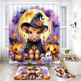Wollmix Halloween 4 Pcs Bathroom Shower Curtain Sets Decorations with Rugs