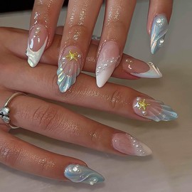 Summer Press on Nails Almond - Fake Nails Blue White French Tip with 3D Shell Star Designs - Acrylic Full Cover Fake Nails, Easy to Apply, Reusable