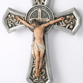 BC Catholic Medal Saint Benedict Crucifix Wall Cross, Jesus Christ Home Decor, Religious Gifts, Metal Carve Look, Sliver and Realistic Finish, 12"H Hand Painted by Buildclassic