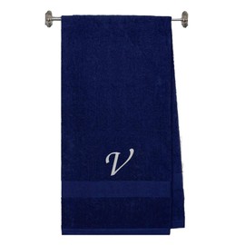 Embroidered Terry Cotton Bath Towel for Bath, Shower, Cover up Towel for Swimming Pool, and Beach - 35 x 65 inches - Navy Color Towel -Silver Script Initial V
