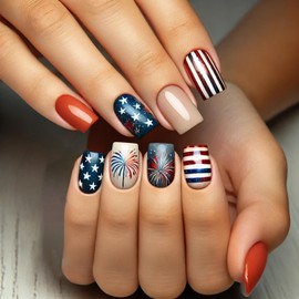 Independence Day Press on Nails Short Square Fake Nails with Star Designs Red Blue Striped False Nails Fireworks Acrylic Nails Full Cover 4th of July Artificial Nails for Women Girls Manicure 24Pcs