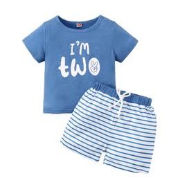 CPEI Toddler Boy 2nd Birthday Outfit,Im Two Shirt+Short Pants,Boy 2 Years Old Birthday Clothes (Blue, 2T)