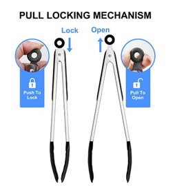 Sandwich Goat Kitchen Tongs - Set of 3-7" 9" and 12" Black Premium Stainless Steel Locking Cooking Tongs with Silicone Tips, Non-Slip Food Tongs for Cooking, Heavy Duty, Non-Stick