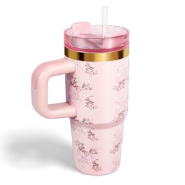 14 oz Tumbler with Handle and Straw, Kid Tumbler with Lid and Straw, 304 Stainless Steel Child Tumbler, School Sports Outdoor (Pink Bow Ty)