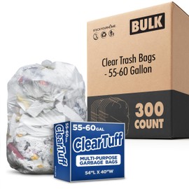 Stock Your Home 55-60 Gallon Clear Trash Bags (300 Pack) – Disposable Leak-Resistant Garbage Can Liners for Office, Bathroom, Deli, Produce, Dog Poop, Cat Litter