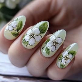 Cute Medium Short Almond Press on Nails 24Pcs False Fake Nails Simple with Green White Flower Design French Tip Full Cover Thick Glossy Acrylic Glue on Nails Stick on Nails for Women DK-25057