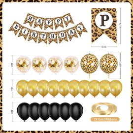 Marwey Black and Gold Cheetah Birthday Banner Decorations 25 pcs Leopard Print Theme Party Supplies Balloons and Banner Kits for Girls Jungle Animal Birthday Party,Wild One Celebrations