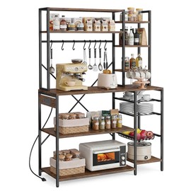 yoopin 4 Tier Bakers Rack with Power Outlets, Microwave Stand with Wire Basket and 6 Hooks, Coffee Bar Station and Kitchen Storage Shelf, Rustic Brown, 33 x 15.7 x 70 Inches