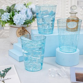 DaYammi 100 Pack 10 oz Blue Plastic Cups, Blue Disposable Cups Tumblers, Elegant Blue Glitter Party, Drinking Cups Perfect for Wedding, Fancy Disposable Party Cups