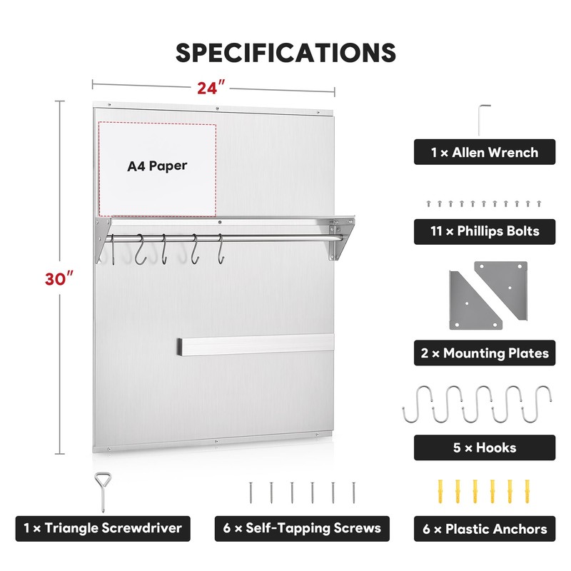 Wilprep Range Backsplash, 24"x30" Stainless Steel Backsplash with Storage Shelf