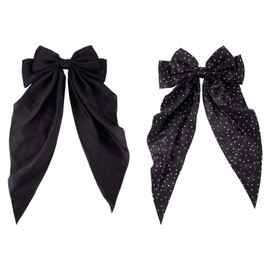 Beadthoven 2pcs 2 Styles Black Bowknot Hair Barrettes with Long Tail Big Bow Hair Clips Polka Dot & Solid Color Satin Ribbon Bowknot Hairpins French Style Hair Accessories for Women Headdress