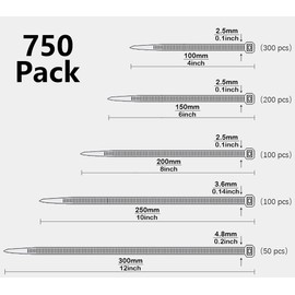 Oksdown 750 Pack Black Nylon Cable Ties Mixed Pack Heavy Duty Strong Variety Self Locking Plastic Zip Tie Wraps Assorted Sizes 100/150/200/250/300mm Length 4/6/8/10/12 Inch, 2.5/3.6/4.8mm Width