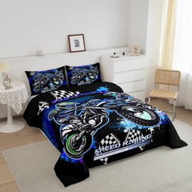 Feelyou Kids Blue Dirt Bike Bedding Set Full Size, Extreme Sports Comforter Set Boys Girls Racing Motocross Comforter Motorcycle Teens Duvet Set Bedroom Decor with 2 Pillow Case