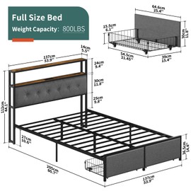 Yoobure Full Size Bed Frame with Headboard, Metal Platform Bed Frame Full Size, Noise Free Heavy Duty Bed Frames with Storage Drawers, Bedframe with Charging Station & LED Light, No Box Spring Needed