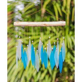 Sparkling Blue Glass Wind Chime Recycled Glass and Bamboo Driftwood Garden Chime Hanging Outdoors Indoors Multicoloured Fairtrade Eco Friendly Handmade Fairtrade