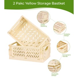 HUUSMOT 2-Pack Small Pastel Plastic Storage Baskets, Collapsible Crates for Organizing, Space-Saving Mini Bins for Classroom, Kitchen, Office, Bedroom (Yellow, 9.8" x 6.5" x 3.8")