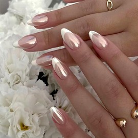 French Tip Press on Nails Acrylic Full Cover Fake Nail Kit Glossy Nude Medium Almond False Nails For Women And Girls 24pcs Manicure Artificial Nails