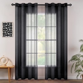 MIULEE 2 Panels Black Semi Sheer Window Curtains Elegant Grommet Top Window Voile Panels/Drapes/Treatment Linen Textured Panels for Bedroom Living Room (54X90 Inches)