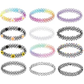 LYLYMIMI 12PC Choker Necklace Set - 90s Accessories Women Teen Girls Kids - Flower Charms Rainbow Multicolor Stretchy Jewelry - Summer Style Gift Idea