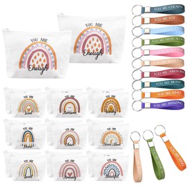 20 Pcs Thank You Gifts Rainbow Makeup Bags for Women, Canvas Zipper Cosmetic Bag with 20 Inspirational Quote Keychains, Employee Appreciation Gifts Travel Toiletry Bags for Teacher Coworker Staff