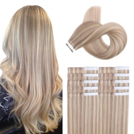 XDhair Tape Extensions Real Hair 50 g 35 cm 20 Pieces Ash Blonde Highlight Bleached Blonde Invisible Silky Straight Skin Weft Tape Ins Natural Extensions (#18P613-14)