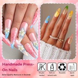 Tesytto Handmade Press-On Nails - Trendy Almond French Tips, Reusable & Salon-Quality, Quick Application (3D Lily Ombre, Small)