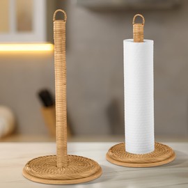 Leinuosen Rattan Paper Towel Holder Woven Wood Paper Towel Stand with Anti Skid Base Boho Holder Dispenser Stand for Kitchen Bathrooms Countertop Decor