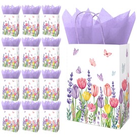 FYSUIMU 24Pcs Spring Floral Paper Bags with 30 Sheets Purple Tissue Paper Watercolor Tulip Flower Butterfly Treat Bags with Handles Candy Goodie Bags for Birthday Party