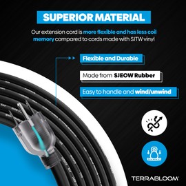 TerraBloom 14/3 Heavy Duty Extension Cord 25 FT Outdoor - Black Outdoor Extension Cord Multiple Outlet - Ultra-Flexible SJEOW Rubber, Light Indicator, Triple Outlet for Maximum Efficiency - 15 Amp