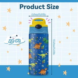 12oz Dinosaur Astronaut Kids Water Bottle, Space Dino Water Bottle for School, Kids Insulated Bottles with Straw & Handle, Leak-Proof, BPA-free, Straw Lid, Stainless Steel for Travel Gift Cup for Boy