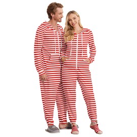 Ekouaer Womens Onesie Pajamas for Adults Unisex Zipper Christmas Pajamas for Family Onesie Hooded Non Footed Pajamas (Stripe,Small)