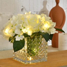 Fule Artificial Silk Rose Flower Centerpiece Arrangement in Glass Vase with LED Light for Home Wedding Decoration (White)
