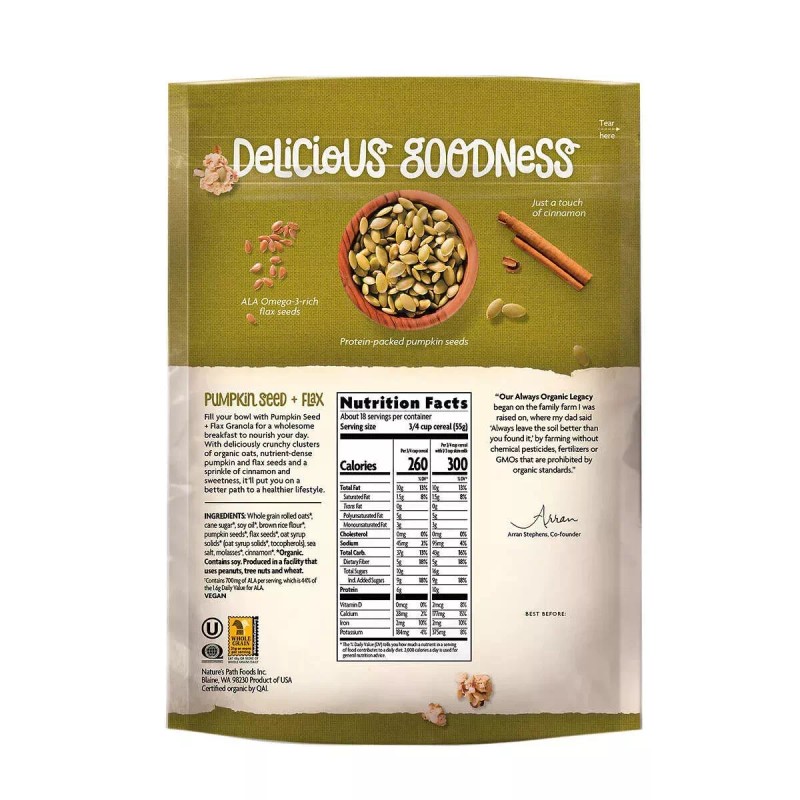 Nature's Path Organic PUMPKIN SEED + FLAX Granola Fiber Protein