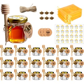 DnayDkiy Mini Honey Jars, 1.5oz Hexagon Glass Honey Pot with Dippers, Bee Charms, Organza Gift Bags and Stickers, Perfect for Baby Shower Gifts, Wedding Favors, Party Favors, 20 Pack