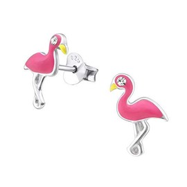 Monkimau Girl's Flamingo Stud Earrings 925 Sterling Silver with 2 Crystals, Sterling Silver, Crystal