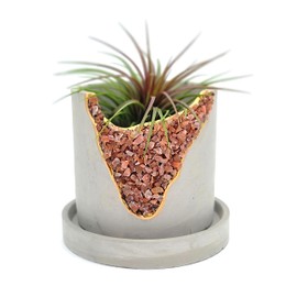 4” Crystal Plant Pot with Saucer - Cement Geode Planter - Concrete Pots for Plants - Modern Succulent Pot Indoor - Unique Air Plant Holder - Candle Holder - Small Plant Home Decor (Orange Carnelian)