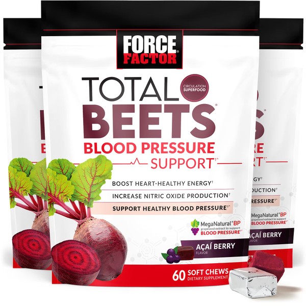 FORCE FACTOR Total Beets Blood Pressure Support Supplement, Beets Supplements with Beets Powder, Great-Tasting Beets Chewables for Heart-Healthy Energy, and Increased Nitric Oxide, 180 Chews, 3-Pack