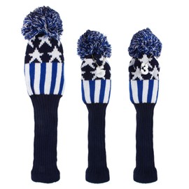 Andux 3Pcs/set Knit Pom Pom Golf 460cc Driver Fairway Wood Club Head Covers Blue Stripe MT/MG77