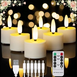 Elecphbo 6 Pack Remote Control LED Tea Lights, Rechargeable Flameless Candles with 30H Runtime, Flickering Battery Operated Candles for Wedding, Christmas, Decor (Warm White, 6 Tea Lights+Charger)