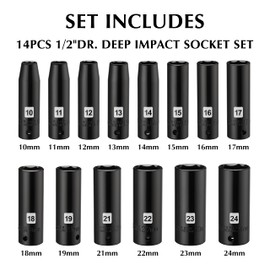 EMENTOL 14PCS 1/2" Drive Deep Impact Socket Set, Metric, 6-Point, CR-V, 14 Pieces 1/2 Inch Dr. Deep Socket Set, 10 mm - 24 mm